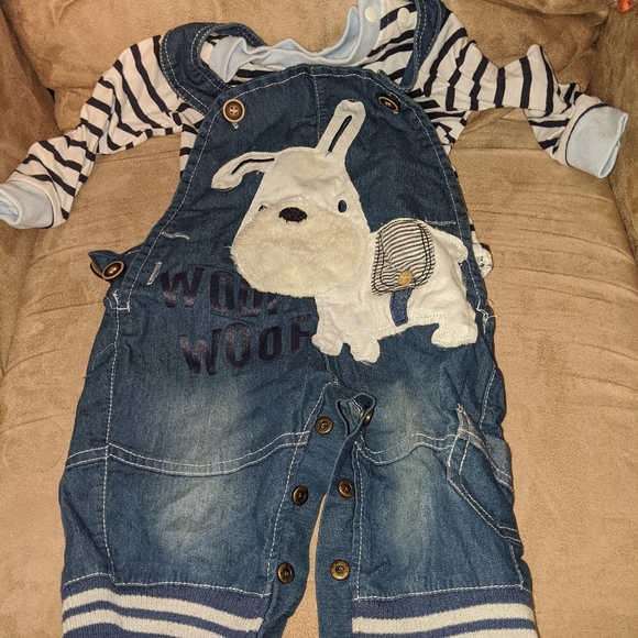LvYinLi Other - Baby Overalls with Dog & Strip Longsleeve Shirt